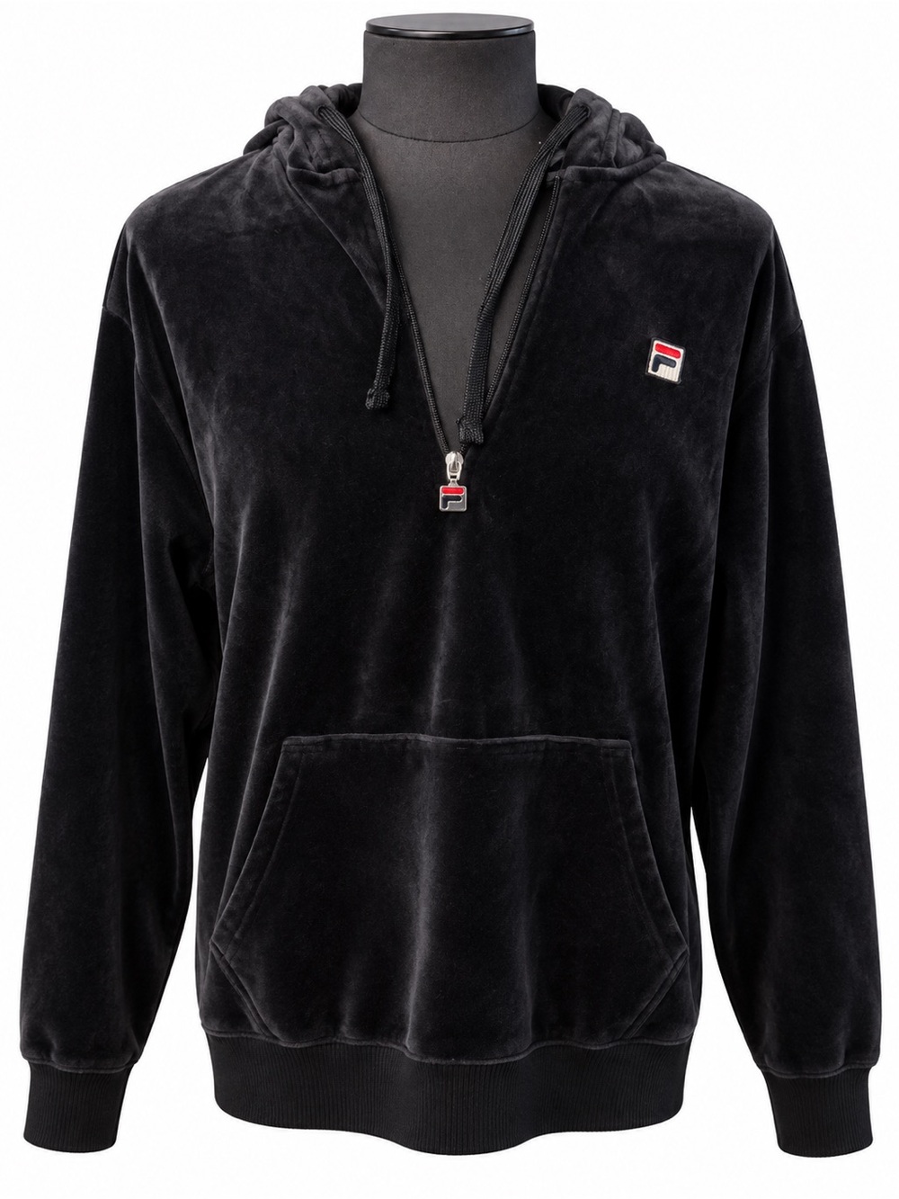 Fila Black Velour Zip-Up Hoodie Sweater with Red & White Logo